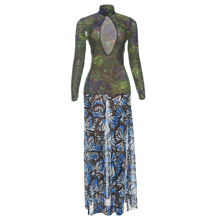 High neck long sleeve print slit mesh maxi dress  | Festival Outfits Women