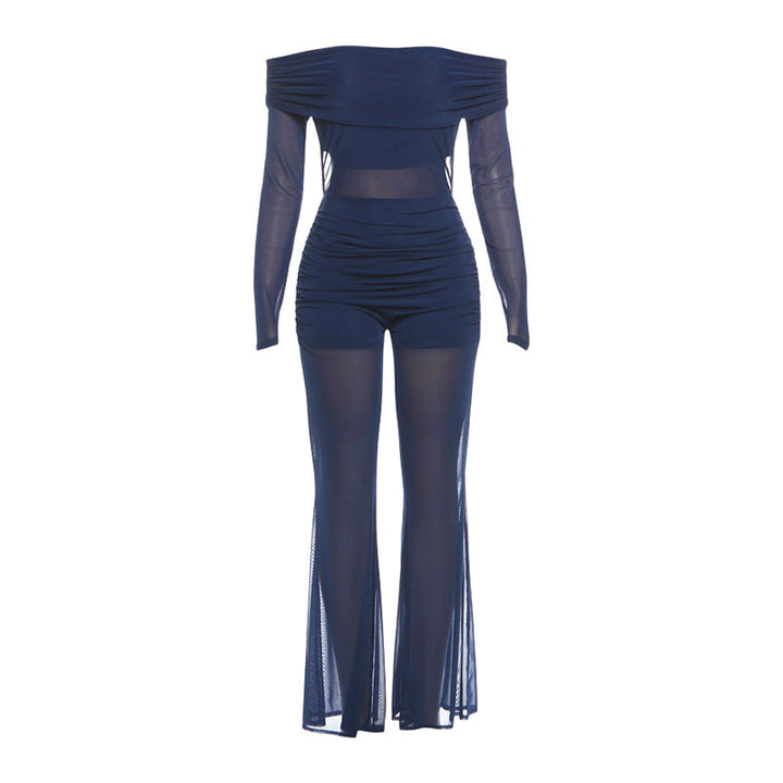 Off shoulder long sleeve ruched mesh jumpsuit  | Festival Outfits Women