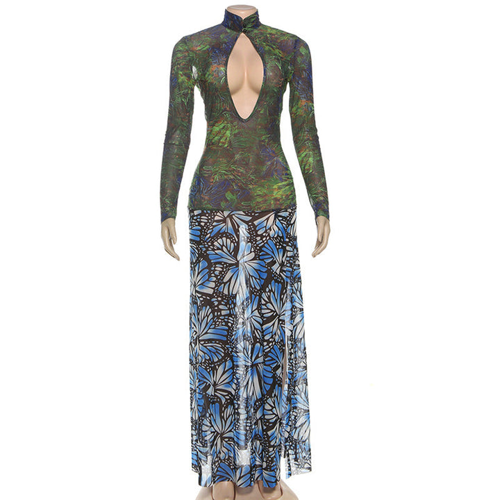 High neck long sleeve print slit mesh maxi dress  | Festival Outfits Women