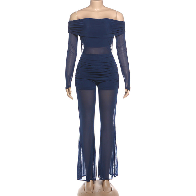 Off shoulder long sleeve ruched mesh jumpsuit  | Festival Outfits Women