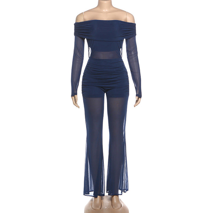 Off shoulder long sleeve ruched mesh jumpsuit  | Festival Outfits Women