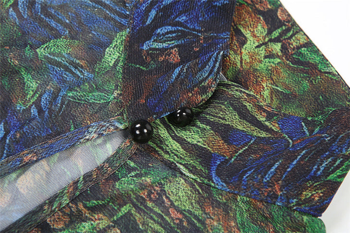 High neck long sleeve print slit mesh maxi dress  | Festival Outfits Women