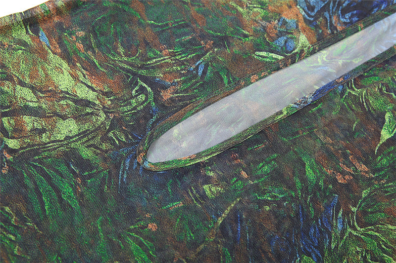 High neck long sleeve print slit mesh maxi dress  | Festival Outfits Women