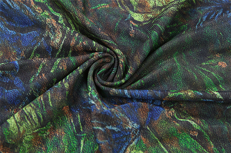 High neck long sleeve print slit mesh maxi dress  | Festival Outfits Women