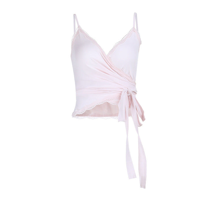 V neck knotted lace hem cami top  | Festival Outfits Women