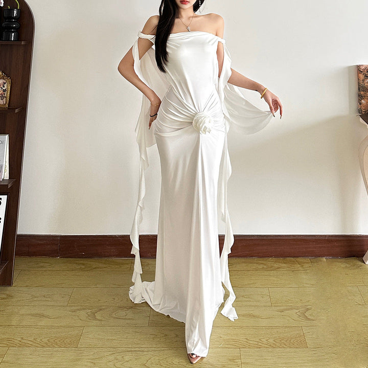 Off shoulder ruffle backless flower applique maxi dress  | Festival Outfits Women