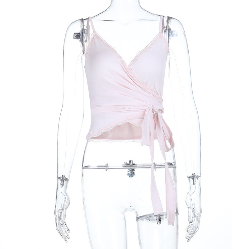 V neck knotted lace hem cami top  | Festival Outfits Women