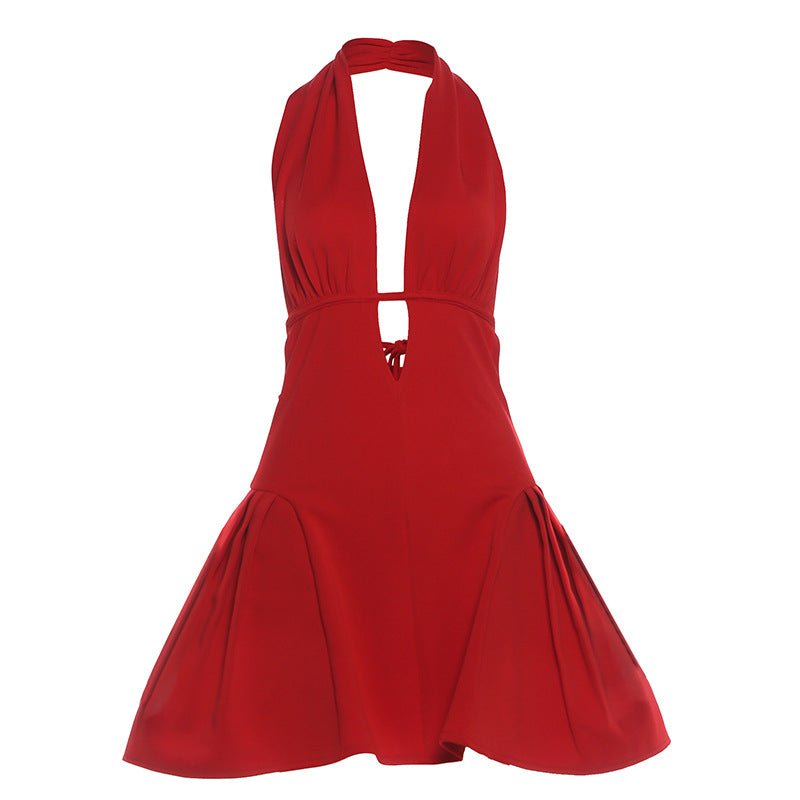 Halter deep v neck backless self tie mini dress  | Festival Outfits Women