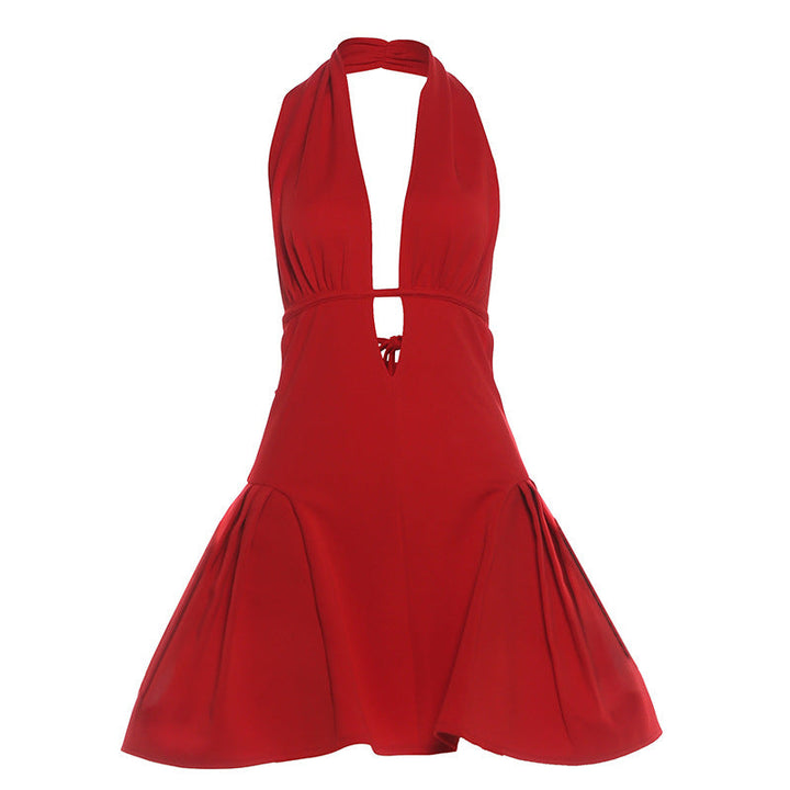 Halter deep v neck backless self tie mini dress  | Festival Outfits Women