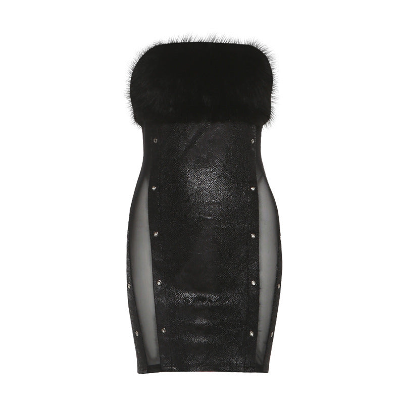 Fluffy mesh patchwork tube mini dress  | Festival Outfits Women