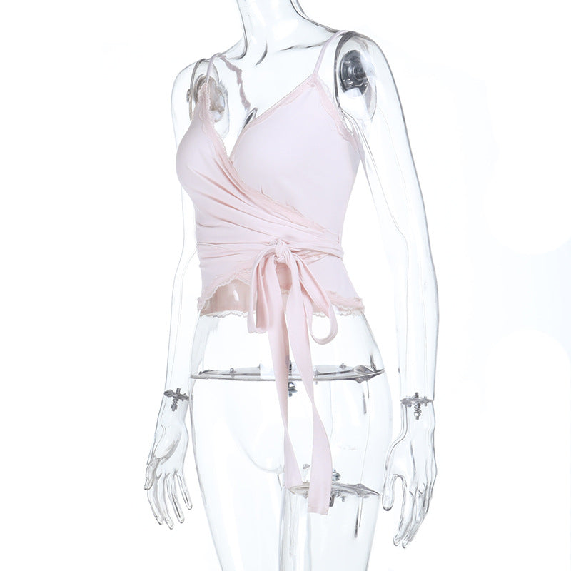 V neck knotted lace hem cami top  | Festival Outfits Women