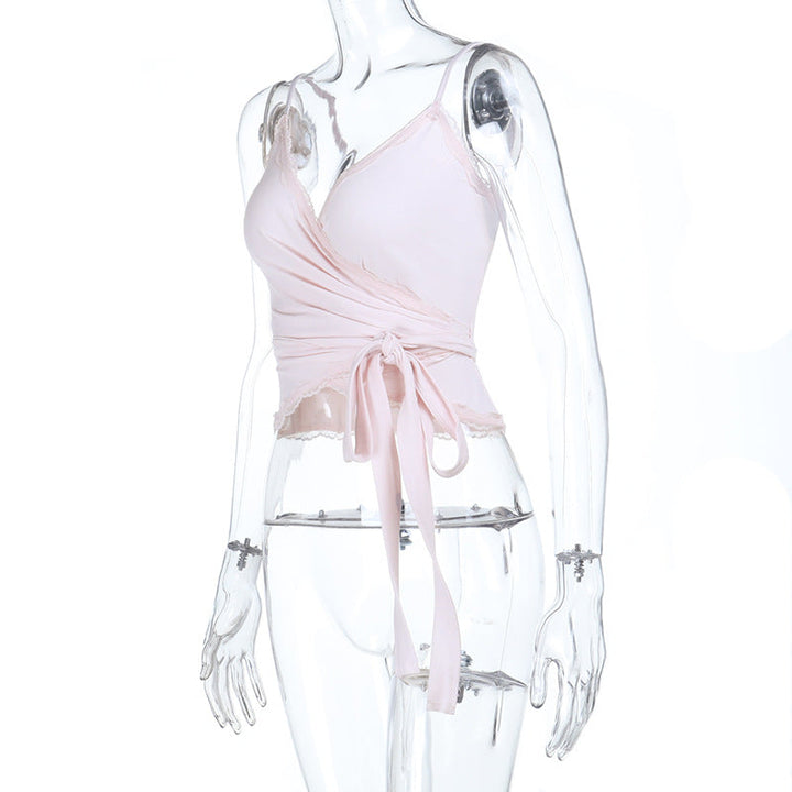 V neck knotted lace hem cami top  | Festival Outfits Women