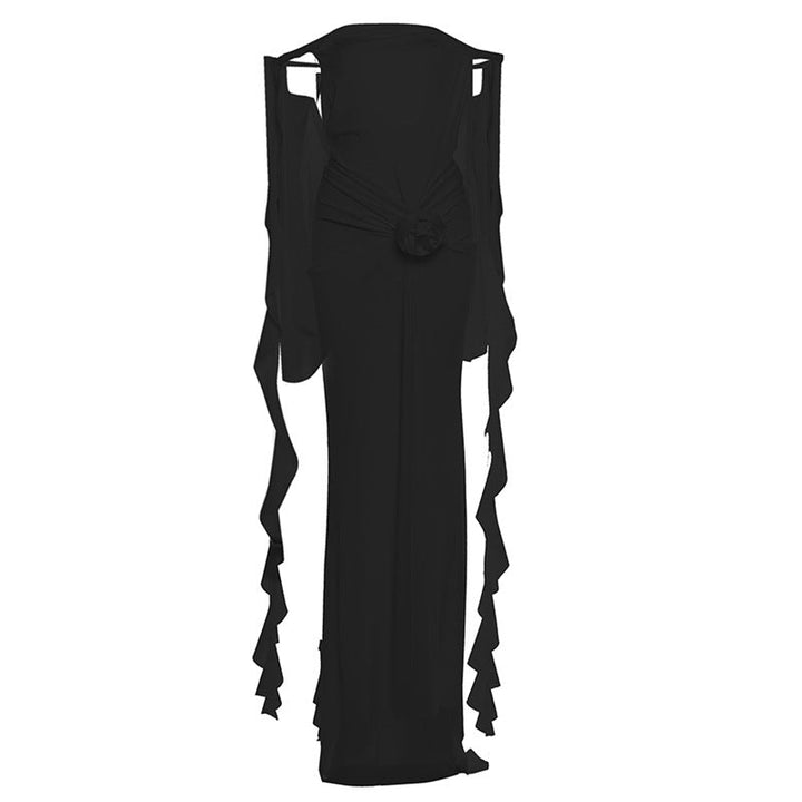 Off shoulder ruffle backless flower applique maxi dress  | Festival Outfits Women