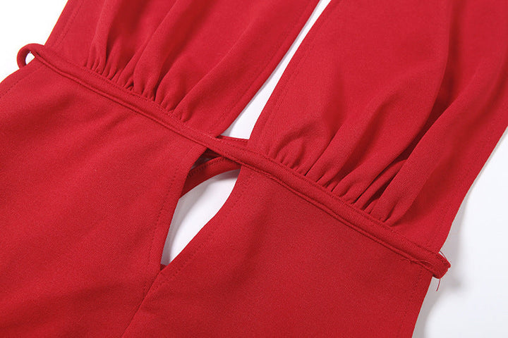 Halter deep v neck backless self tie mini dress  | Festival Outfits Women