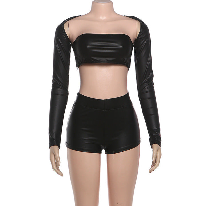 Long sleeve PU leather medium rise pant set  | Festival Outfits Women