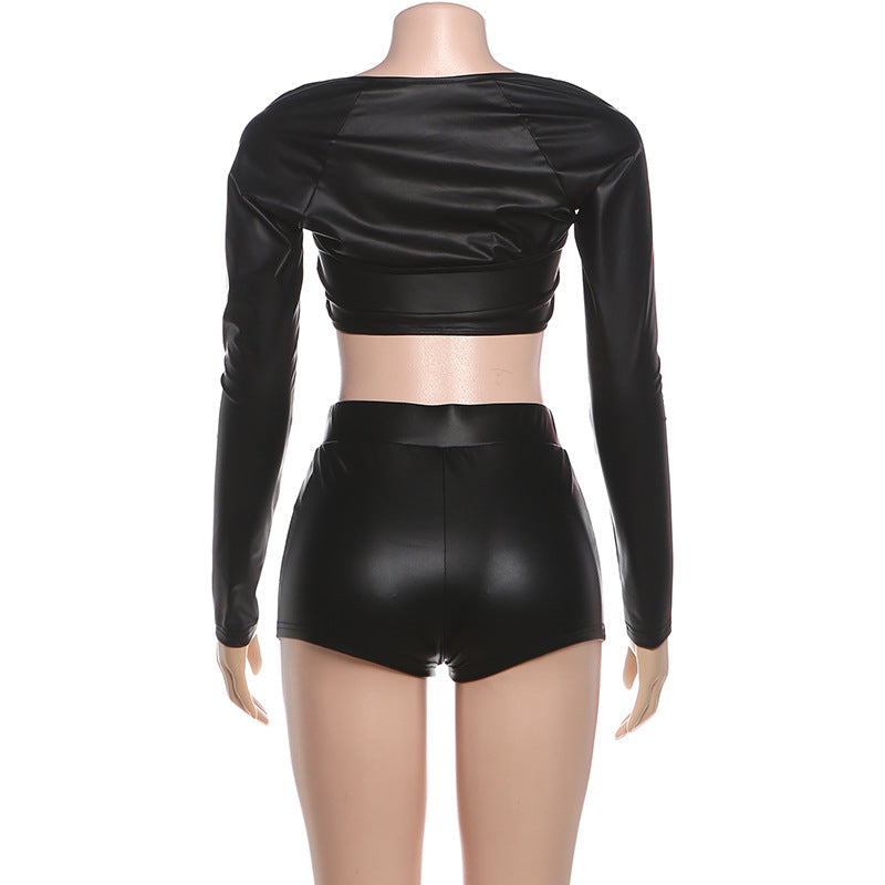 Long sleeve PU leather medium rise pant set  | Festival Outfits Women