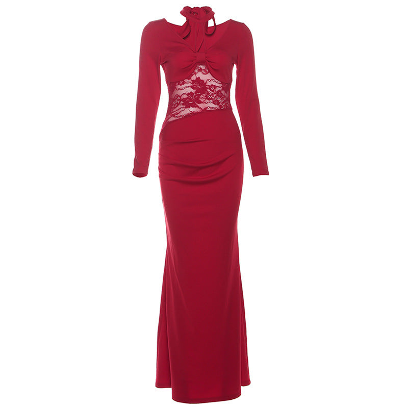 Long sleeve v neck lace maxi dress  | Festival Outfits Women