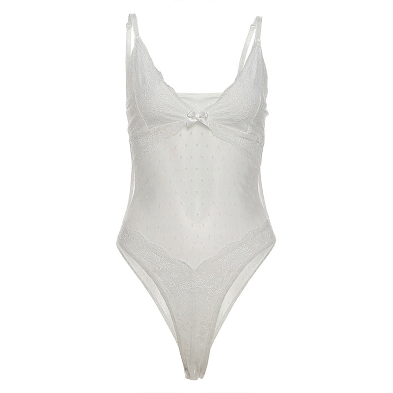 V neck bowknot lace cami bodysuit  | Festival Outfits Women