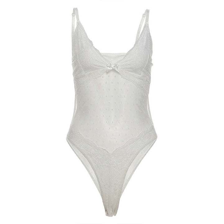 V neck bowknot lace cami bodysuit  | Festival Outfits Women
