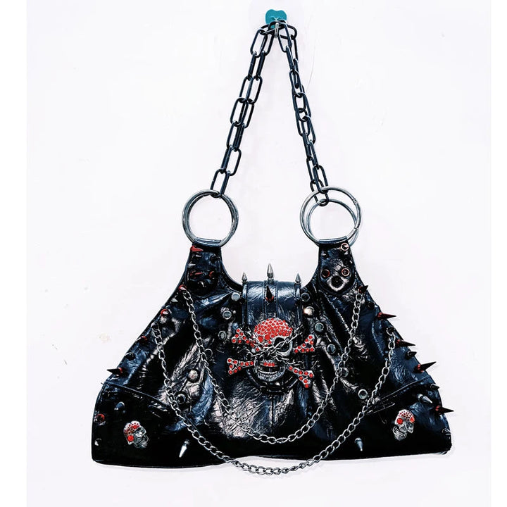 PU leather skull applique metal chain rivet handbag  | Festival Outfits Women