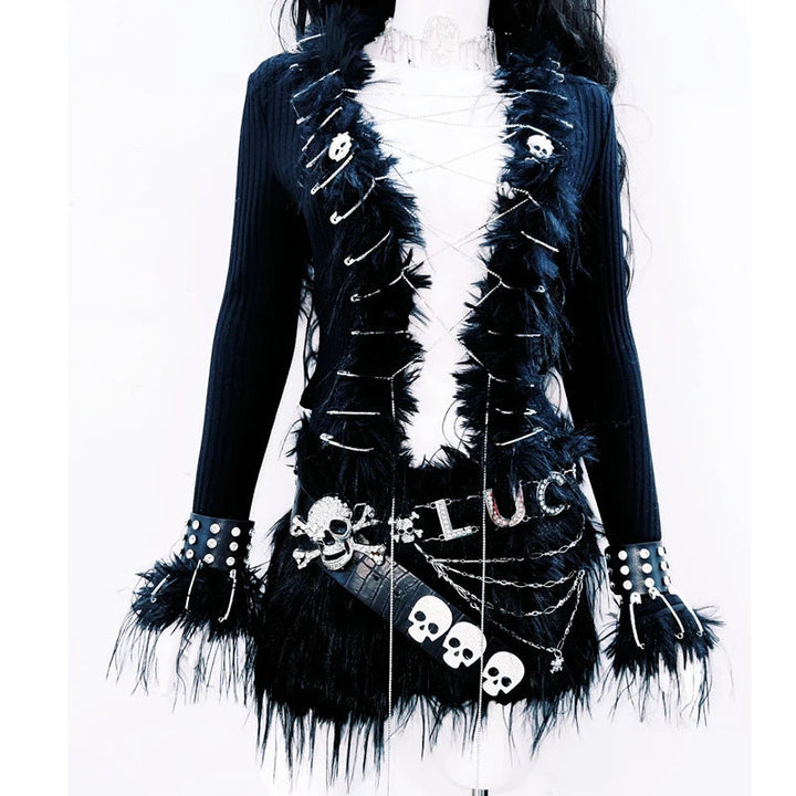 Long sleeve fluffy metal chain belt top  | Festival Outfits Women