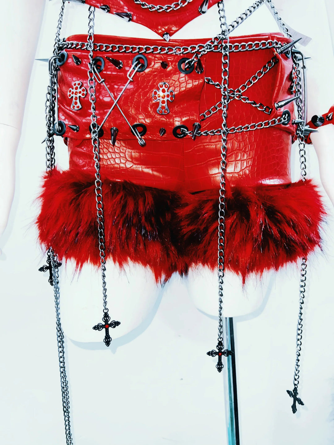 Fluffy metal chain rivet PU leather top  | Festival Outfits Women