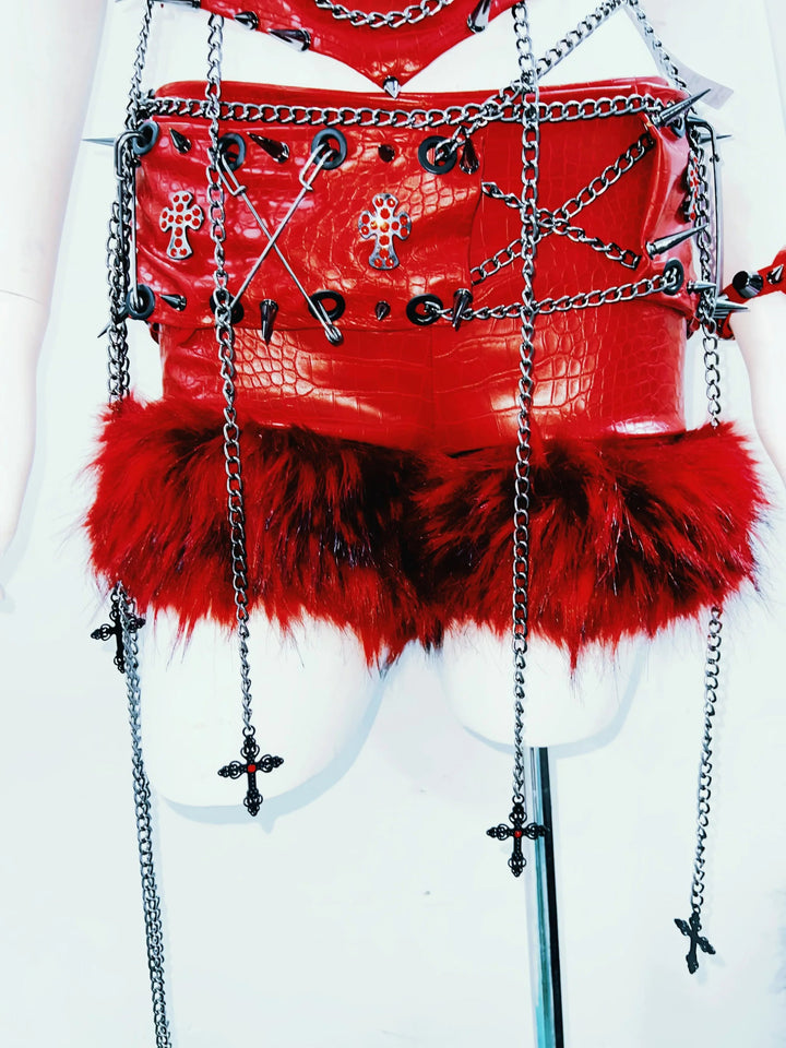 Fluffy metal chain rivet PU leather top  | Festival Outfits Women