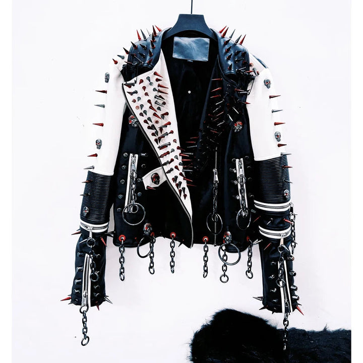 Long sleeve turnover collar rivet metal chain coat top  | Festival Outfits Women