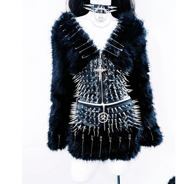 Long sleeve v neck rivet fluffy zip-up coat top  | Festival Outfits Women