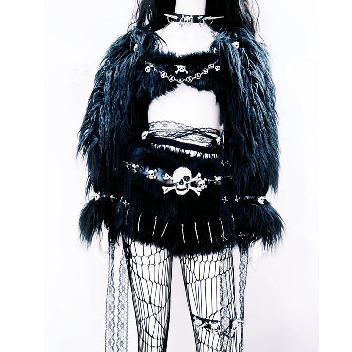 Long sleeve fluffy rivet skull applique top  | Festival Outfits Women