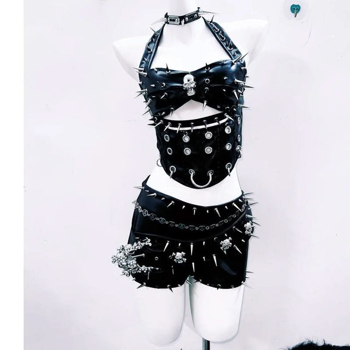 Halter hollow out rivet PU leather cut out top  | Festival Outfits Women