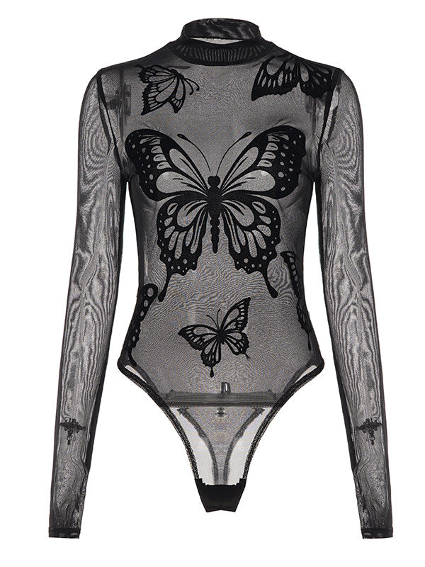 Butterfly pattern long sleeve mesh bodysuit  | Festival Outfits Women