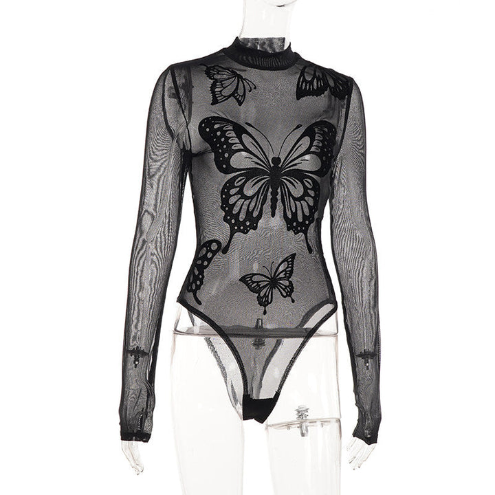 Butterfly pattern long sleeve mesh bodysuit  | Festival Outfits Women