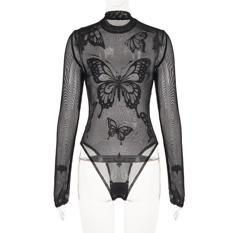 Butterfly pattern long sleeve mesh bodysuit  | Festival Outfits Women