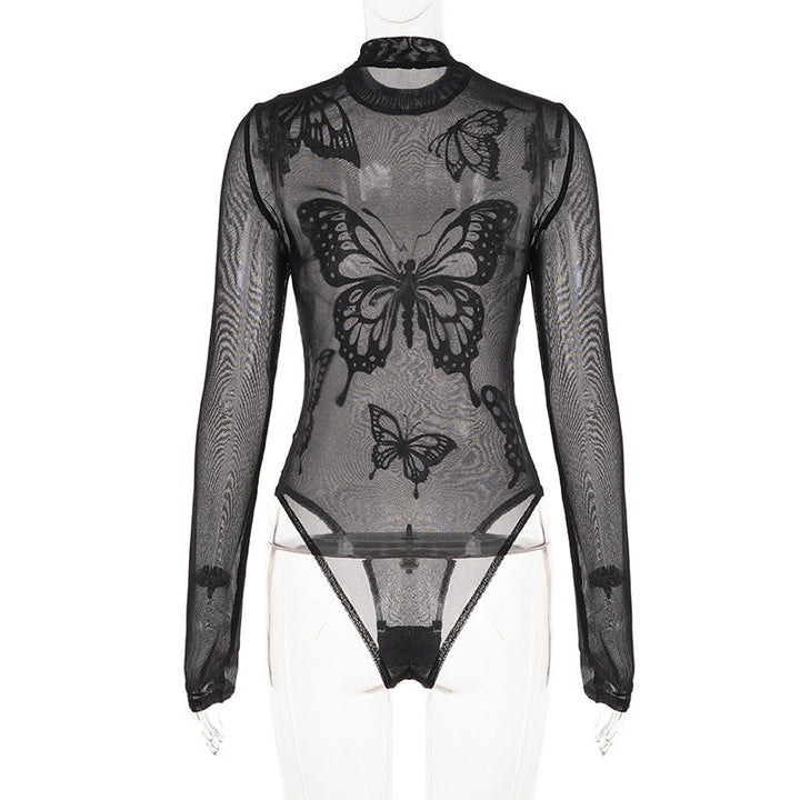 Butterfly pattern long sleeve mesh bodysuit  | Festival Outfits Women