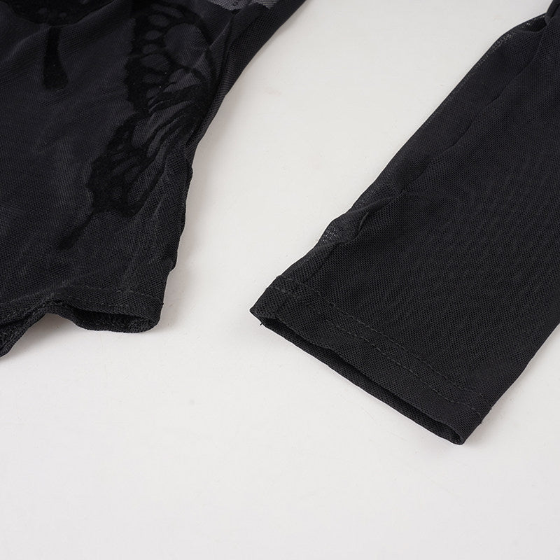 Butterfly pattern long sleeve mesh bodysuit  | Festival Outfits Women