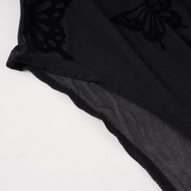 Butterfly pattern long sleeve mesh bodysuit  | Festival Outfits Women