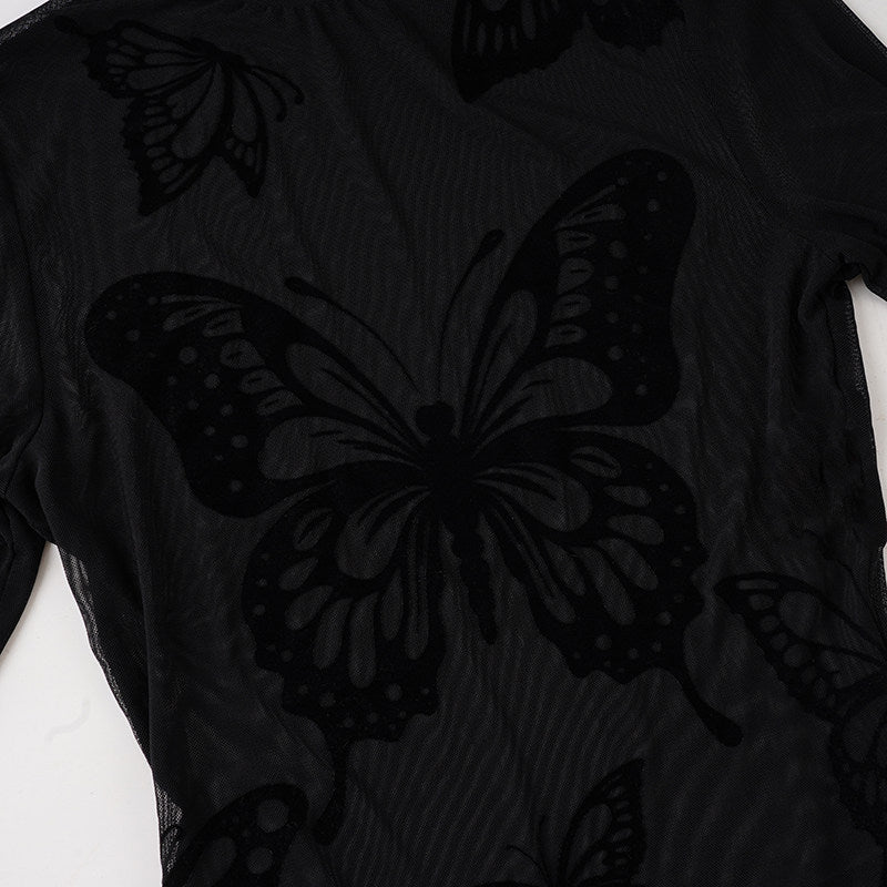 Butterfly pattern long sleeve mesh bodysuit  | Festival Outfits Women