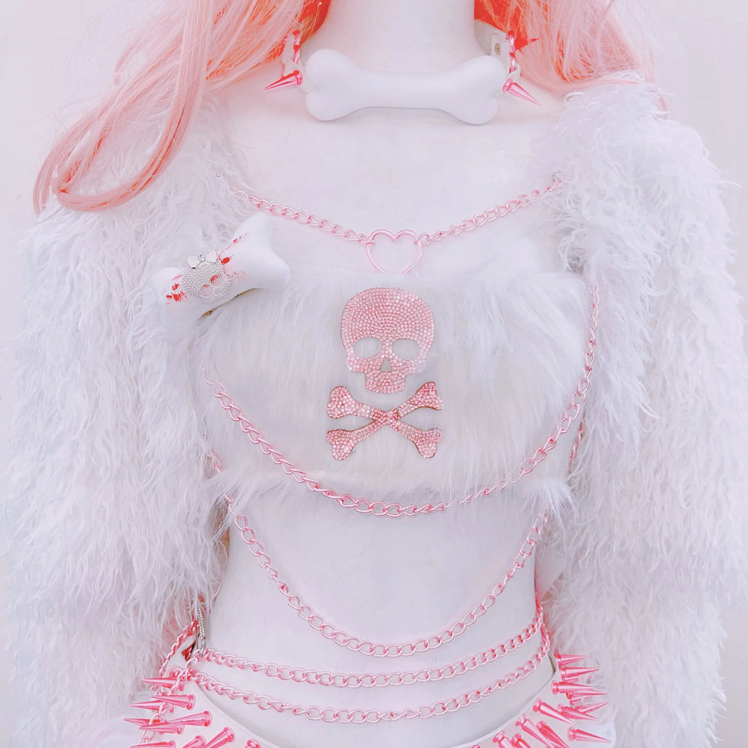 Metal chain fluffy bone applique long sleeve mini skirt set  | Festival Outfits Women