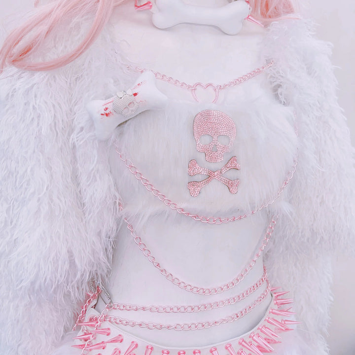 Metal chain fluffy bone applique long sleeve mini skirt set  | Festival Outfits Women