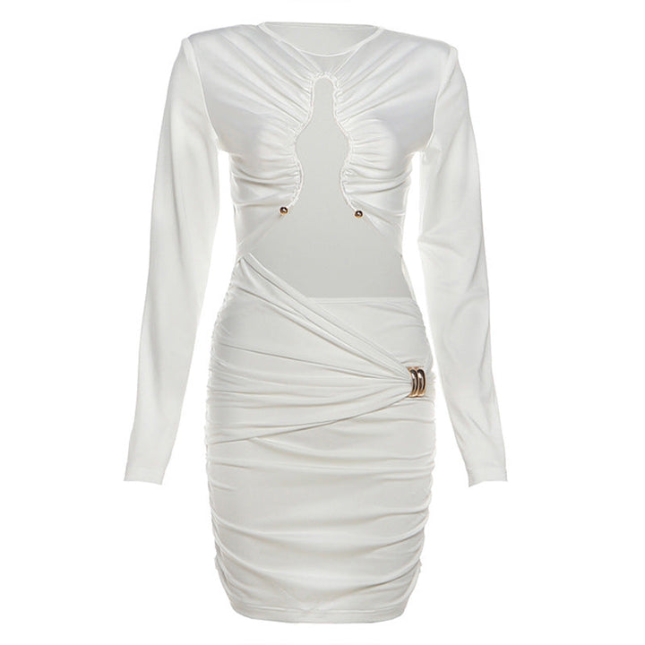 Long sleeve hollow out ruched crewneck cut out mini dress  | Festival Outfits Women