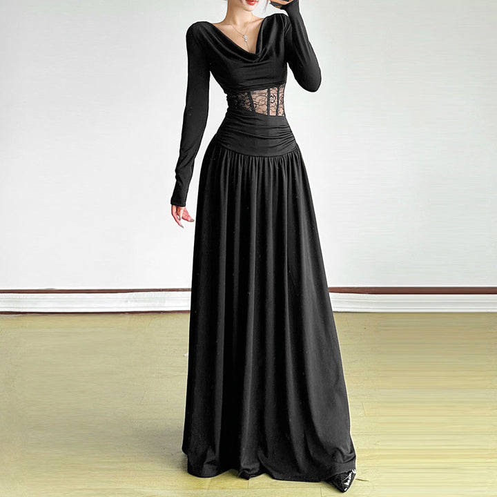 Long sleeve cowl neck lace ruched maxi dress  | Festival Outfits Women