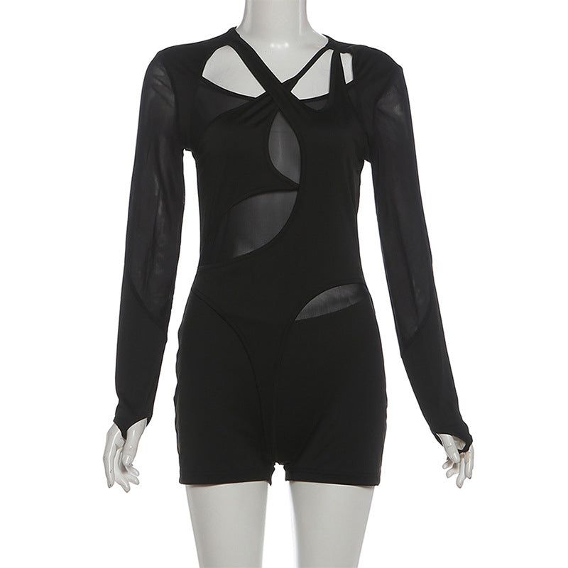 Hollow out long sleeve mesh gloves romper  | Festival Outfits Women