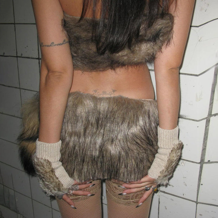 Fluffy backless contrast tube mini skirt set  | Festival Outfits Women