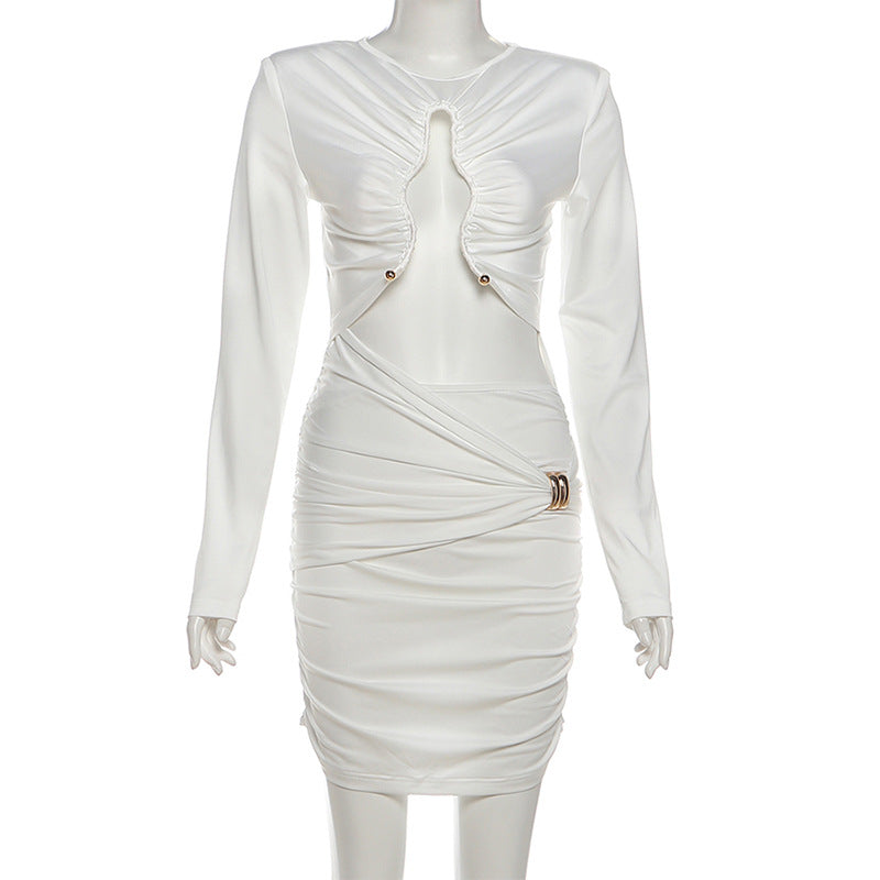 Long sleeve hollow out ruched crewneck cut out mini dress  | Festival Outfits Women