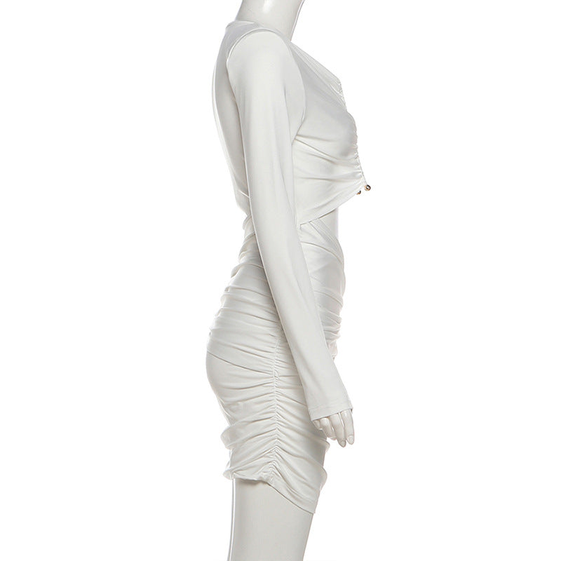 Long sleeve hollow out ruched crewneck cut out mini dress  | Festival Outfits Women
