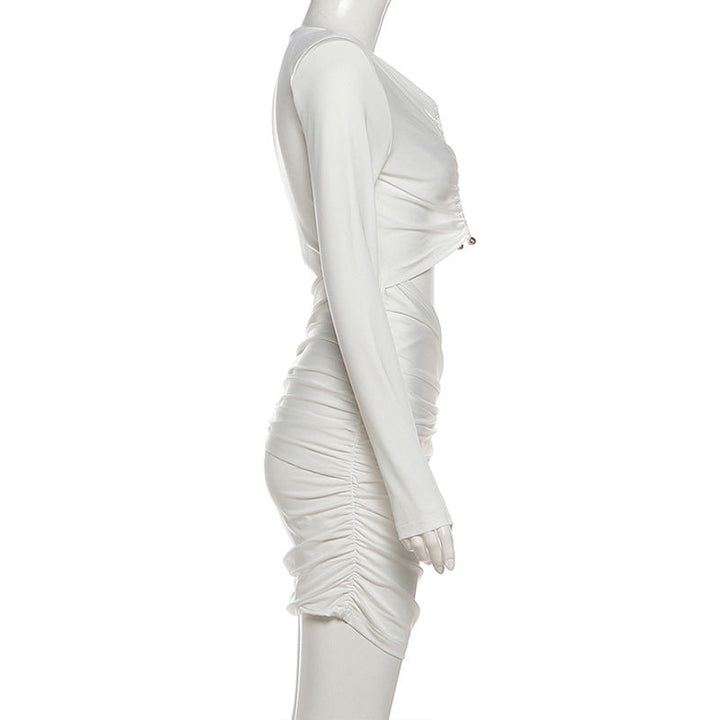 Long sleeve hollow out ruched crewneck cut out mini dress  | Festival Outfits Women