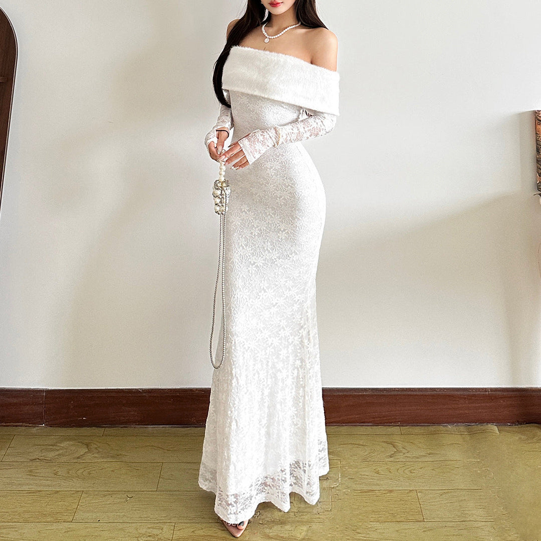 Off shoulder long sleeve lace solid maxi dress  | Festival Outfits Women