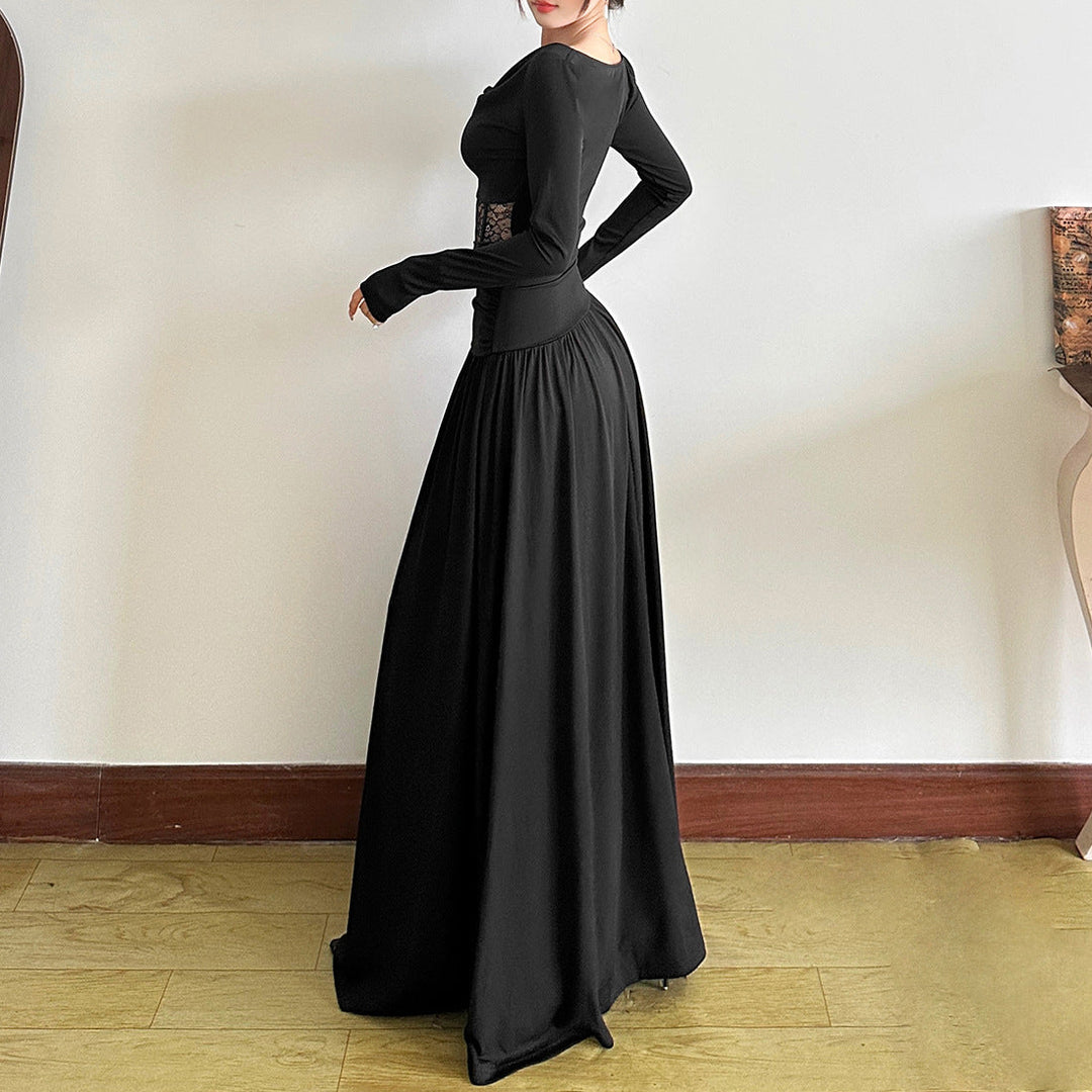 Long sleeve cowl neck lace ruched maxi dress  | Festival Outfits Women
