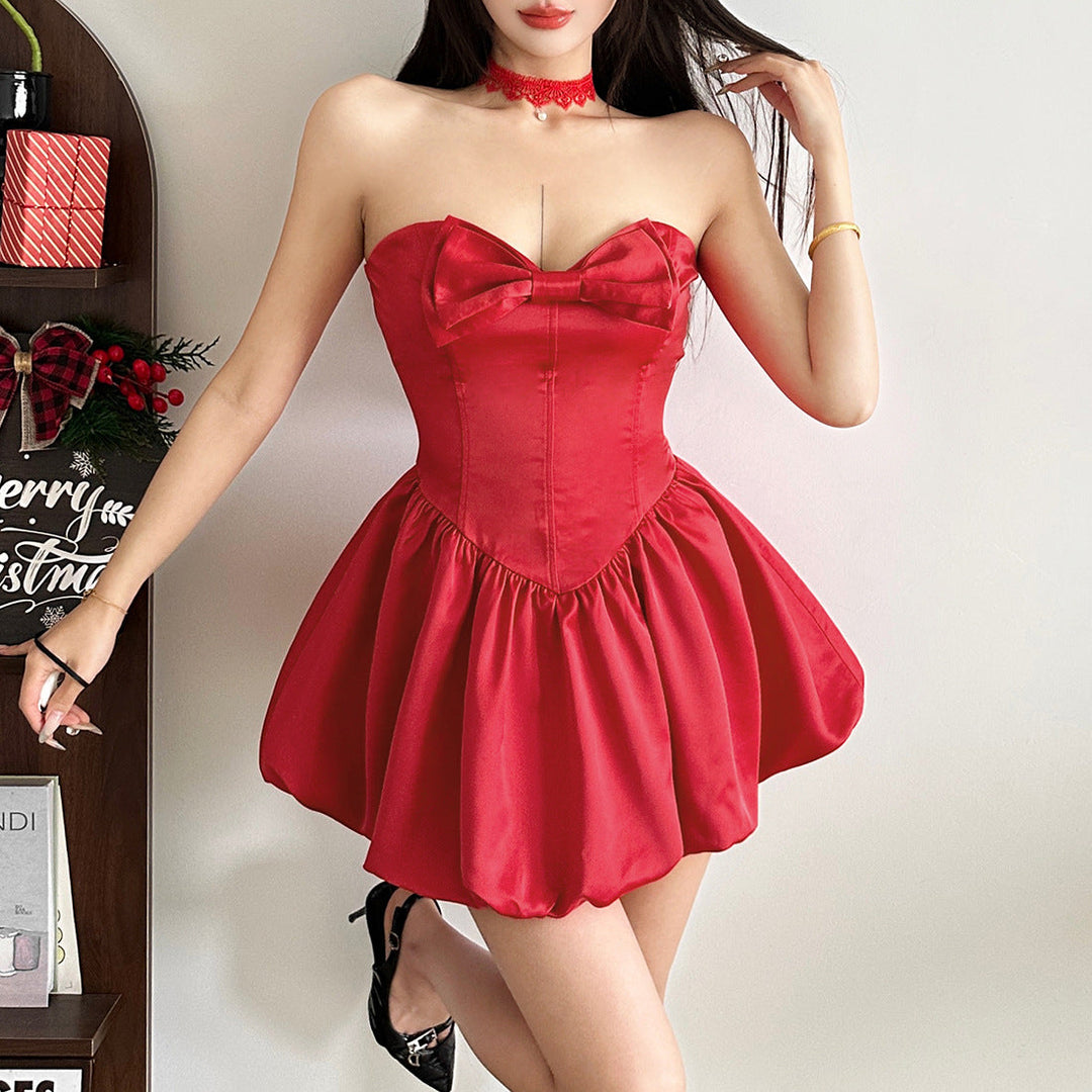 Bowknot ruched smocked sweetheart neck mini dress  | Festival Outfits Women
